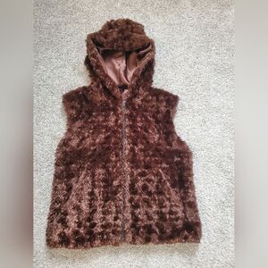 Chocolate Brown Faux Fur Teddy Hooded Vest With Pockets